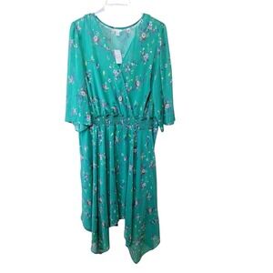 Cato‎ Smocked Floral Midi Dress 26/28W Green Chiffon V-Neck Peasant Flowy Boho
